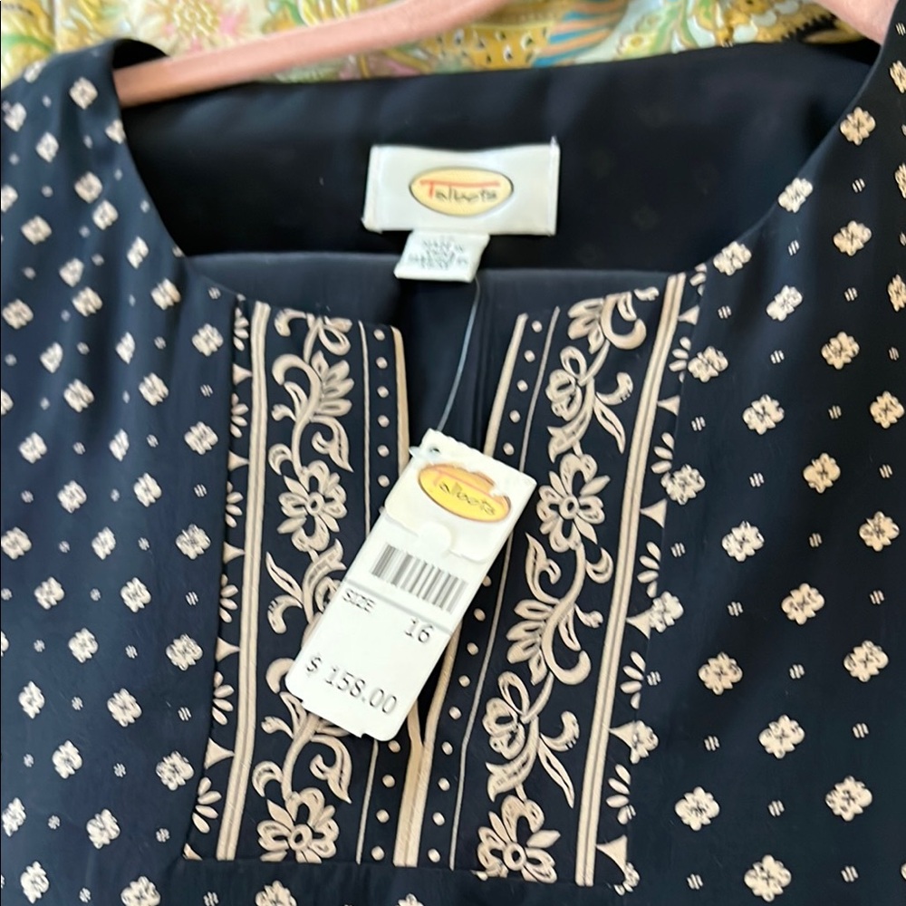 Talbots black Dress with tan Floral Patterns and side zipper